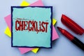 Writing note showing Checklist. Business photo showcasing Todolist List Plan Choice Report Feedback Data Questionnaire written on Royalty Free Stock Photo