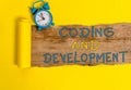 Writing note showing Coding And Development. Business photo showcasing Programming Building simple assembly Programs.