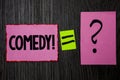 Writing note showing Comedy Call. Business photo showcasing Fun Humor Satire Sitcom Hilarity Joking Entertainment Laughing Pink n Royalty Free Stock Photo