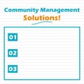 Writing note showing Community Management Solutions. Some list about Community Management Solutions. Royalty Free Stock Photo