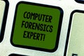 Writing note showing Computer Forensics Expert. Business photo showcasing harvesting and analysing evidence from Royalty Free Stock Photo