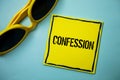 Writing note showing Confession. Business photo showcasing Admission Revelation Disclosure Divulgence Utterance Assertion Ideas m