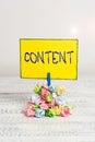 Writing note showing Content. Business photo showcasing Things included in something Marketing material State of happiness
