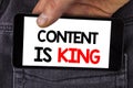 Writing note showing Content Is King. Business photo showcasing articles or posts can guarantee you success Advertising written o