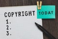 Writing note showing Copyright. Business photo showcasing exclusive and assignable legal right given to originator Open