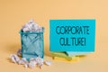 Writing note showing Corporate Culture. Business photo showcasing Beliefs and ideas that a company has Shared values Royalty Free Stock Photo