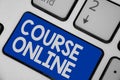Writing note showing Course Online. Business photo showcasing eLearning Electronic Education Distant Study Digital Class Keyboard Royalty Free Stock Photo