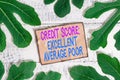 Writing note showing Credit Score Excellent Average Poor. Business photo showcasing Level of creditworthness Rating