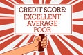 Writing note showing Credit Score Excellent Average Poor. Business photo showcasing Level of creditworthness Rating Report Man han Royalty Free Stock Photo