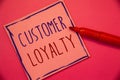 Writing note showing Customer Loyalty. Business photo showcasing Client Satisfaction Long-Term relation Confidence Ideas concepts