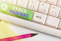 Writing note showing Cyber Warfare. Business photo showcasing Virtual War Hackers System Attacks Digital Thief Stalker