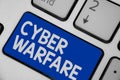 Writing note showing Cyber Warfare. Business photo showcasing Virtual War Hackers System Attacks Digital Thief Stalker Keyboard bl