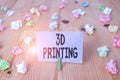 Writing note showing 3D Printing. Business photo showcasing making a physical object from a threedimensional digital