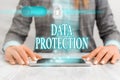 Writing note showing Data Protection. Business photo showcasing Protect IP addresses and an individualal data from harmful Royalty Free Stock Photo