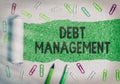 Writing note showing Debt Management. Business photo showcasing The formal agreement between a debtor and a creditor