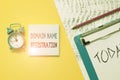 Writing note showing Domain Name Registration. Business photo showcasing Own an IP Address Identify a particular Webpage Notepad Royalty Free Stock Photo