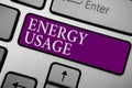 Writing note showing Energy Usage. Business photo showcasing Amount of energy consumed or used in a process or system Keyboard pur