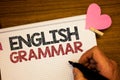Writing note showing English Grammar. Business photo showcasing Language Knowledge School Education Literature Reading Man holdin