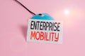 Writing note showing Enterprise Mobility. Business photo showcasing Employees do jobs remotely using a mobile devices