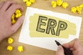 Writing note showing Erp. Business photo showcasing Enterprise resource planning with automate back office functions written on Te Royalty Free Stock Photo