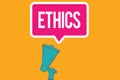 Writing note showing Ethics. Business photo showcasing moral principles that govern person behaviour or conducting Royalty Free Stock Photo