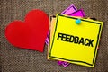 Writing note showing Feedback. Business photo showcasing Customer Review Opinion Reaction Evaluation Give a response back Ideas m