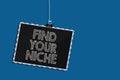 Writing note showing Find Your Niche. Business photo showcasing Market study seeking specific potential clients Marketing Hanging