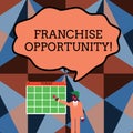 Writing note showing Franchise Opportunity. Business photo showcasing Business License Privilege Owner to Dealer