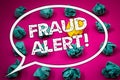 Writing note showing Fraud Alert Motivational Call. Business photos showcasing Security Message Fraudulent activity suspected Royalty Free Stock Photo