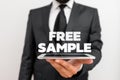 Writing note showing Free Sample. Business photo showcasing portion of products given to consumers in shopping malls. Royalty Free Stock Photo