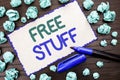 Writing note showing Free Stuff. Business photo showcasing Complementary Free of Cost Chargeless Gratis Costless Unpaid written o Royalty Free Stock Photo