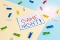 Writing note showing Game Night. Business photo showcasing usually its called on adult play dates like poker with friends Colored