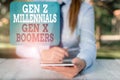 Writing note showing Gen Z Millennials Gen X Boomers. Business photo showcasing Generational differences Old Young