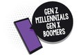 Writing note showing Gen Z Millennials Gen X Boomers. Business photo showcasing Generational differences Old Young people Cell pho