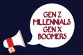 Writing note showing Gen Z Millennials Gen X Boomers. Business photo showcasing Generational differences Old Young people Man hold