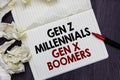 Writing note showing Gen Z Millennials Gen X Boomers. Business photo showcasing Generational differences Old Young people Marker o