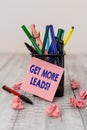 Writing note showing Get More Leads. Business photo showcasing initiation consumer interest or enquiry products or Royalty Free Stock Photo