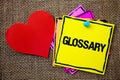 Writing note showing Glossary. Business photo showcasing Alphabetical list of terms with meanings Vocabulary Descriptions Ideas m