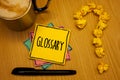 Writing note showing Glossary. Business photo showcasing Alphabetical list of terms with meanings Vocabulary Descriptions Message