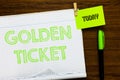 Writing note showing Golden Ticket. Business photo showcasing Rain Check Access VIP Passport Box Office Seat Event Open notebook p