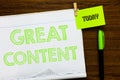 Writing note showing Great Content. Business photo showcasing Satisfaction Motivational Readable Applicable Originality Royalty Free Stock Photo