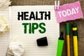 Writing note showing Health Tips. Business photo showcasing Healthy Suggestions Suggest Information Guidance Tip Idea written on