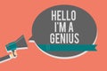 Writing note showing Hello I am A Genius. Business photo showcasing Introduce yourself as over average person to others Symbols sp
