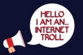 Writing note showing Hello I Am An ... Internet Troll. Business photo showcasing Social media troubles discussions arguments Man h