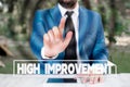 Writing note showing High Improvement. Business photo showcasing addition or change that makes something better or Royalty Free Stock Photo