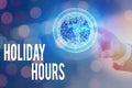 Writing note showing Holiday Hours. Business photo showcasing employee receives twice their normal pay for all hours Elements of Royalty Free Stock Photo