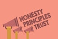 Writing note showing Honesty Principles Trust. Business photo showcasing believing someone words for granted Telling truth Hands h