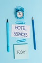 Writing note showing Hotel Services. Business photo showcasing Facilities Amenities of an accommodation and lodging Royalty Free Stock Photo