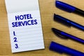 Writing note showing Hotel Services. Business photo showcasing Facilities Amenities of an accommodation and lodging house Royalty Free Stock Photo