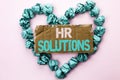 Writing note showing Hr Solutions. Business photo showcasing Recruitment Solution Consulting Management Solving Onboarding writte